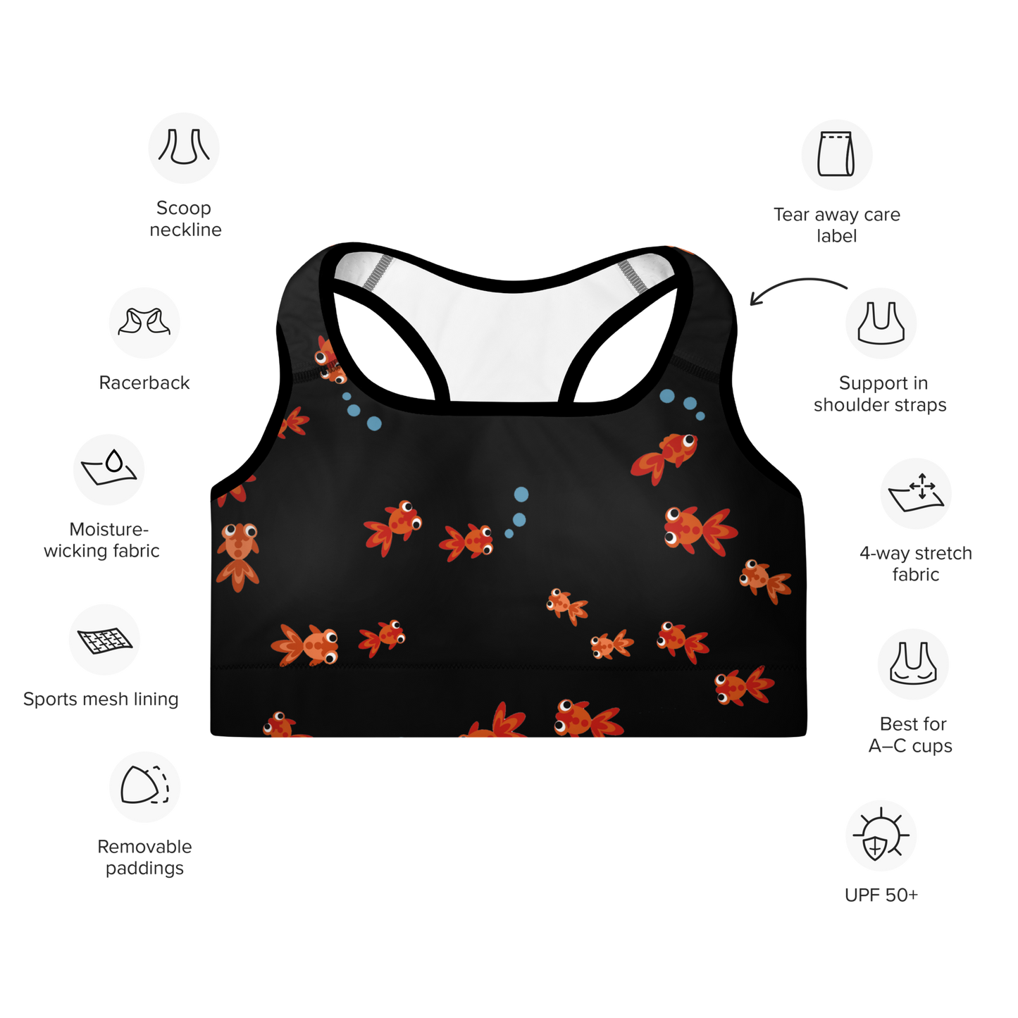 Small Goldfish Black Padded Sports Bra