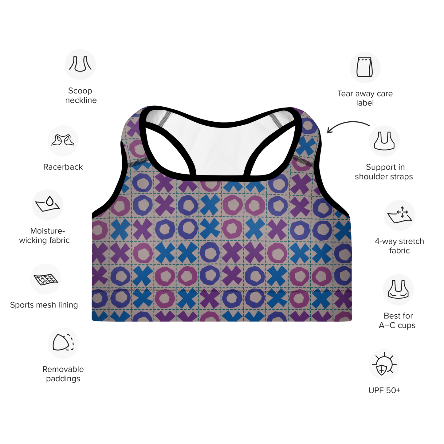 Retro Grid Tic Tac Toe Padded Sports Bra