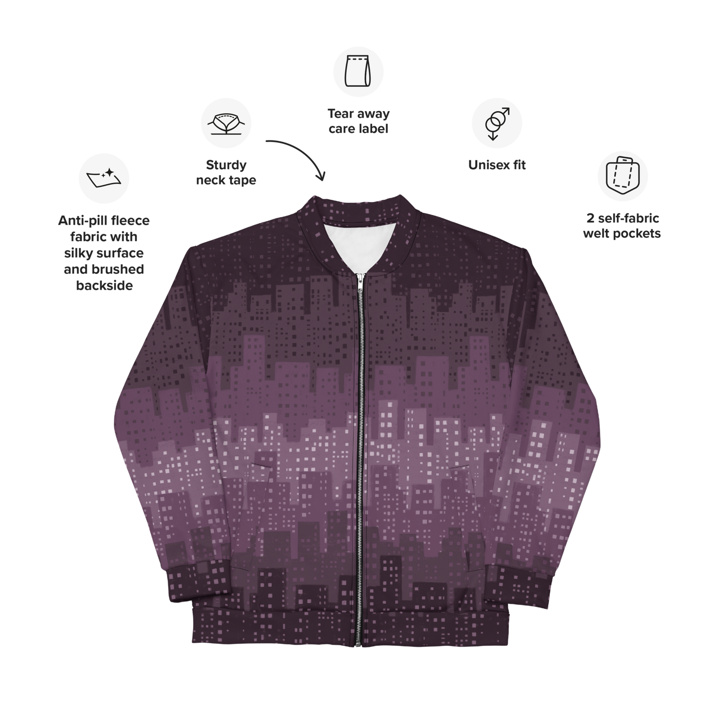 Cityscape Purple Unisex Bomber Jacket