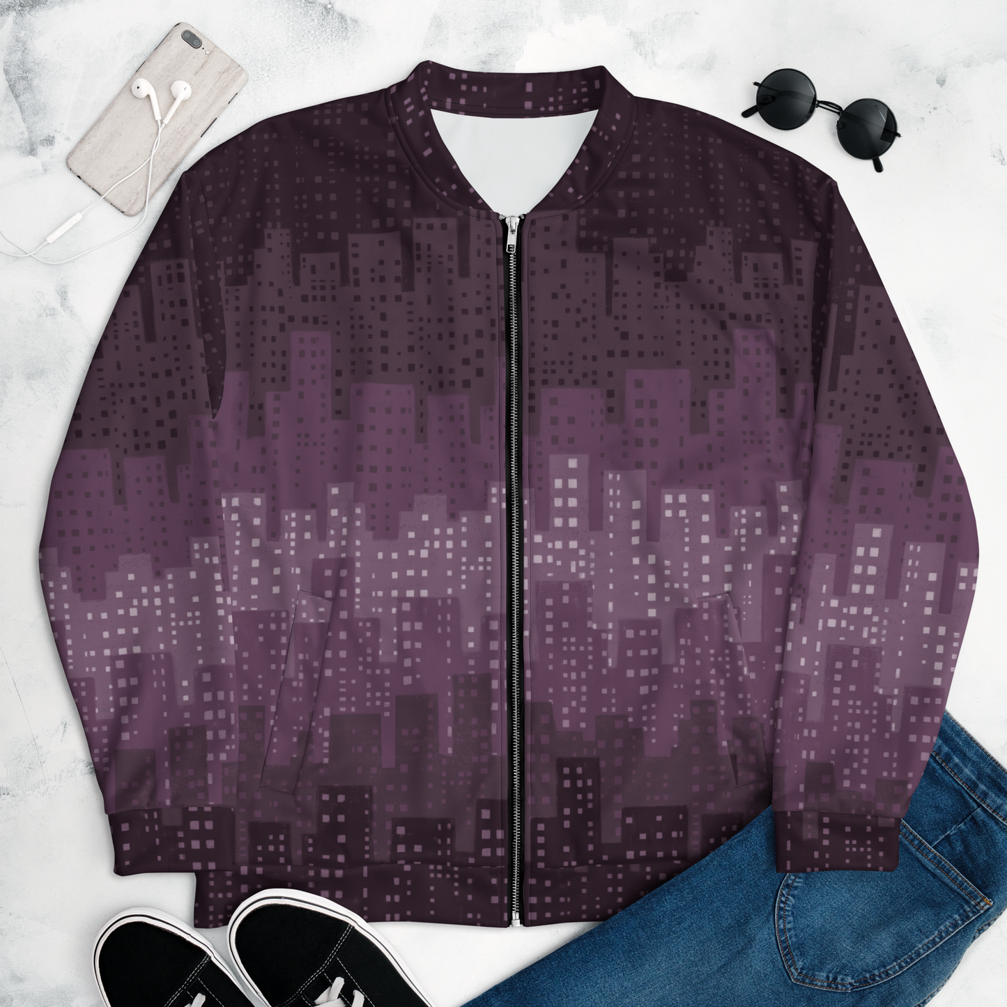 Cityscape Purple Unisex Bomber Jacket