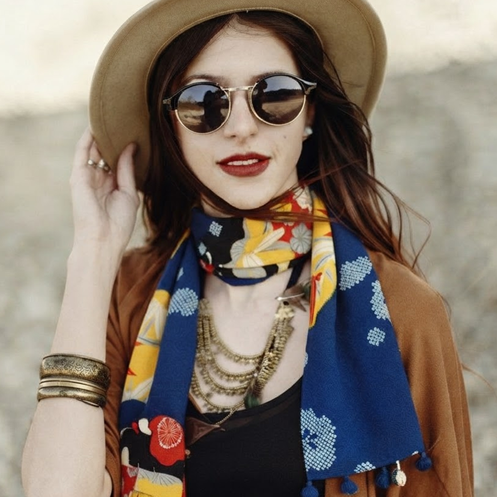 Kimono Silk Scarf - Round Plates in Blue