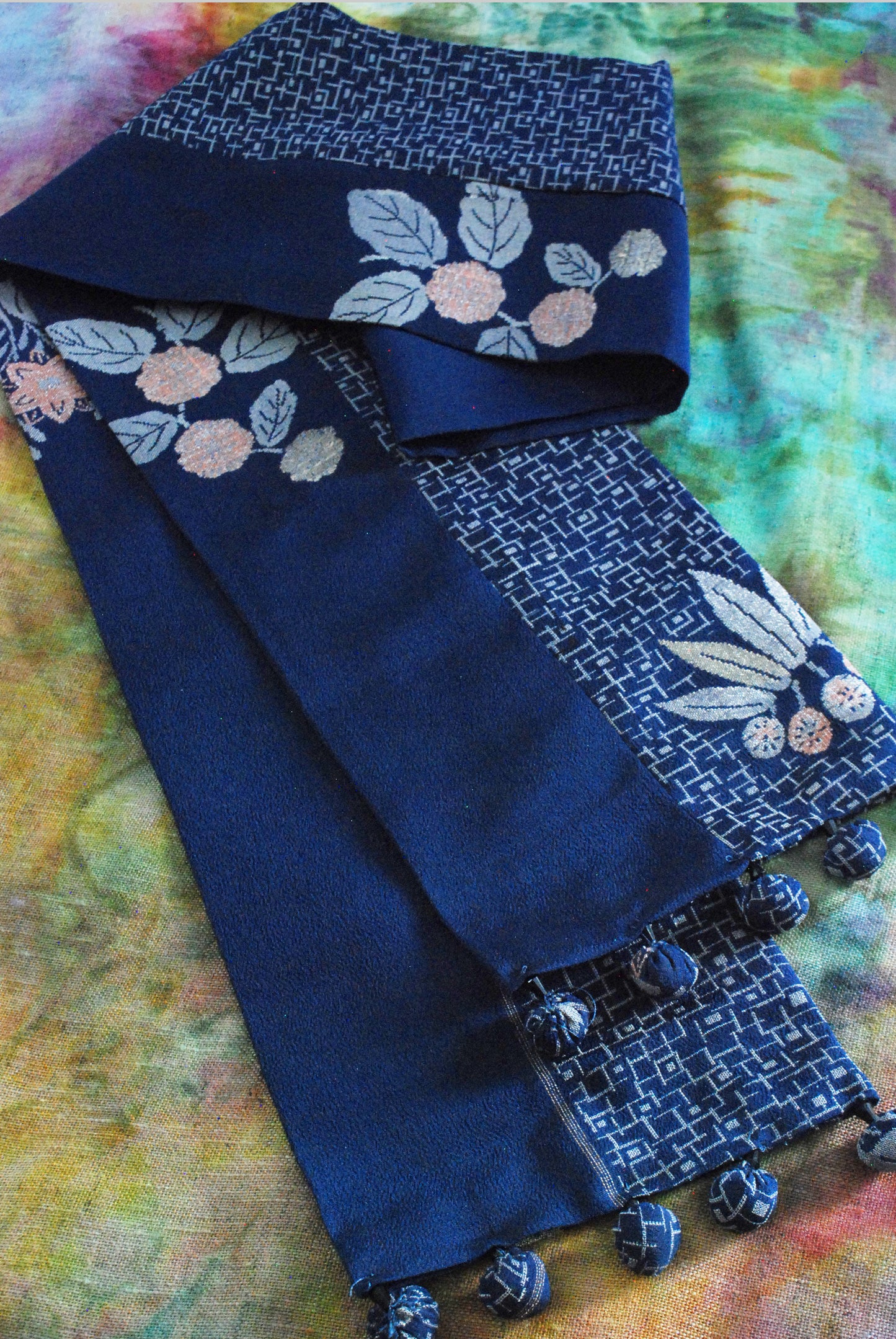 Kimono Silk Scarf - Embroidery Navy