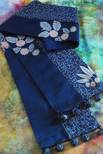 Kimono Silk Scarf - Embroidery Navy