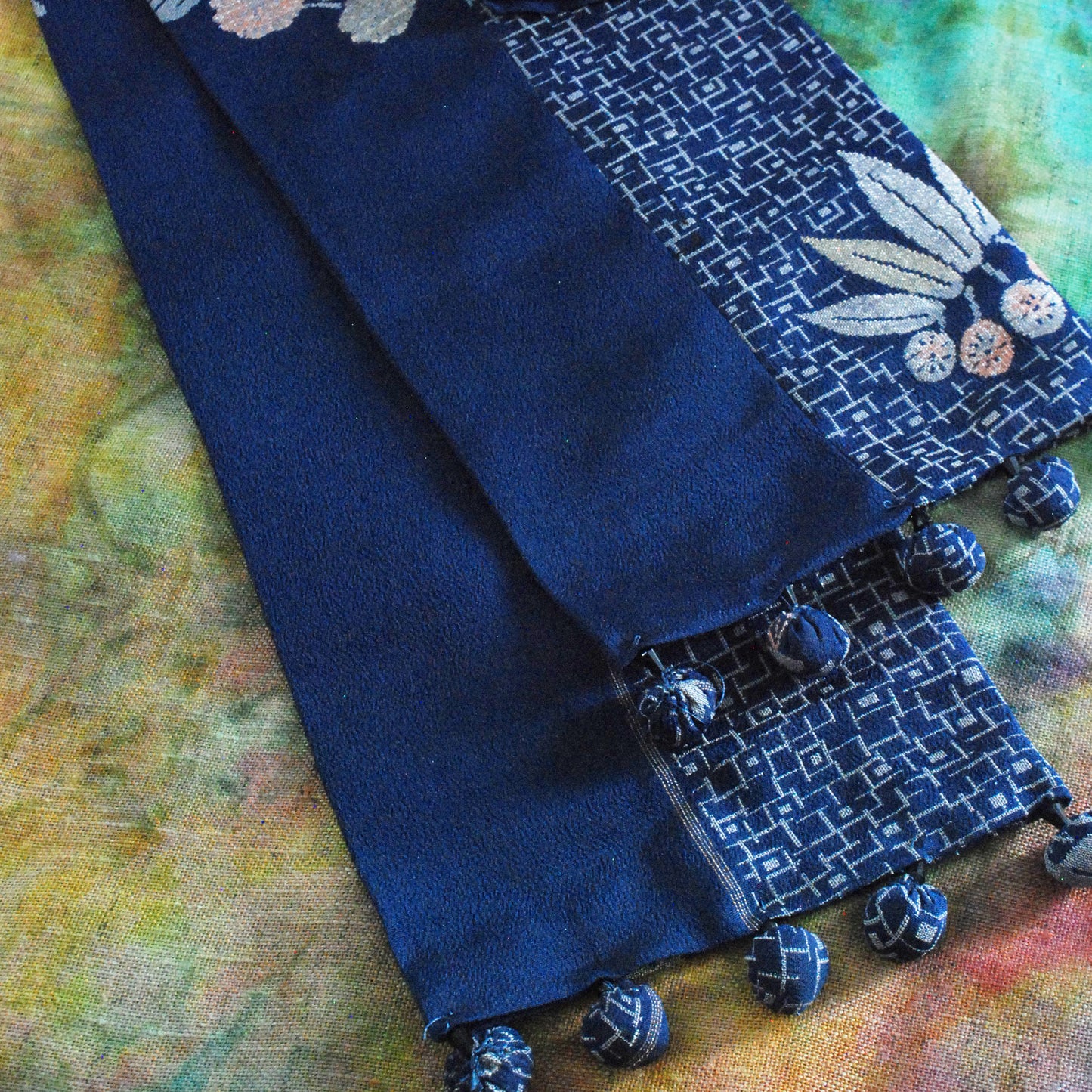 Kimono Silk Scarf - Embroidery Navy