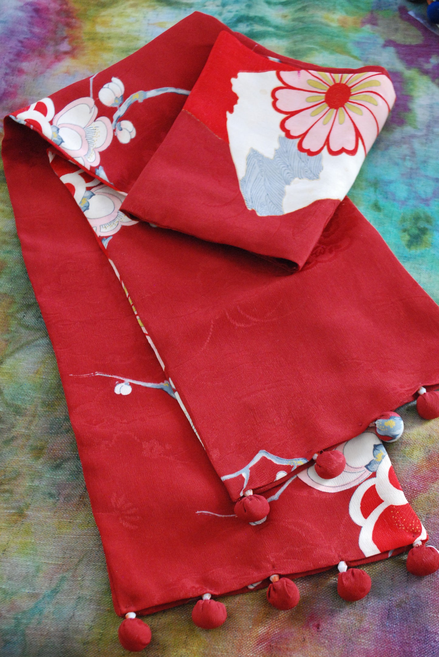 Kimono Silk Scarf - Plum Blossom Red