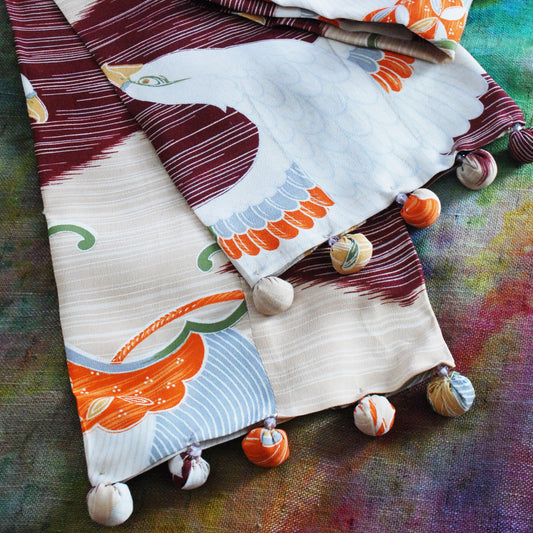 Kimono Silk Scarf - Tsuru print