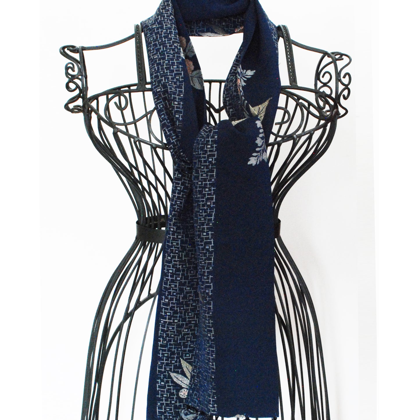 Kimono Silk Scarf - Embroidery on Navy
