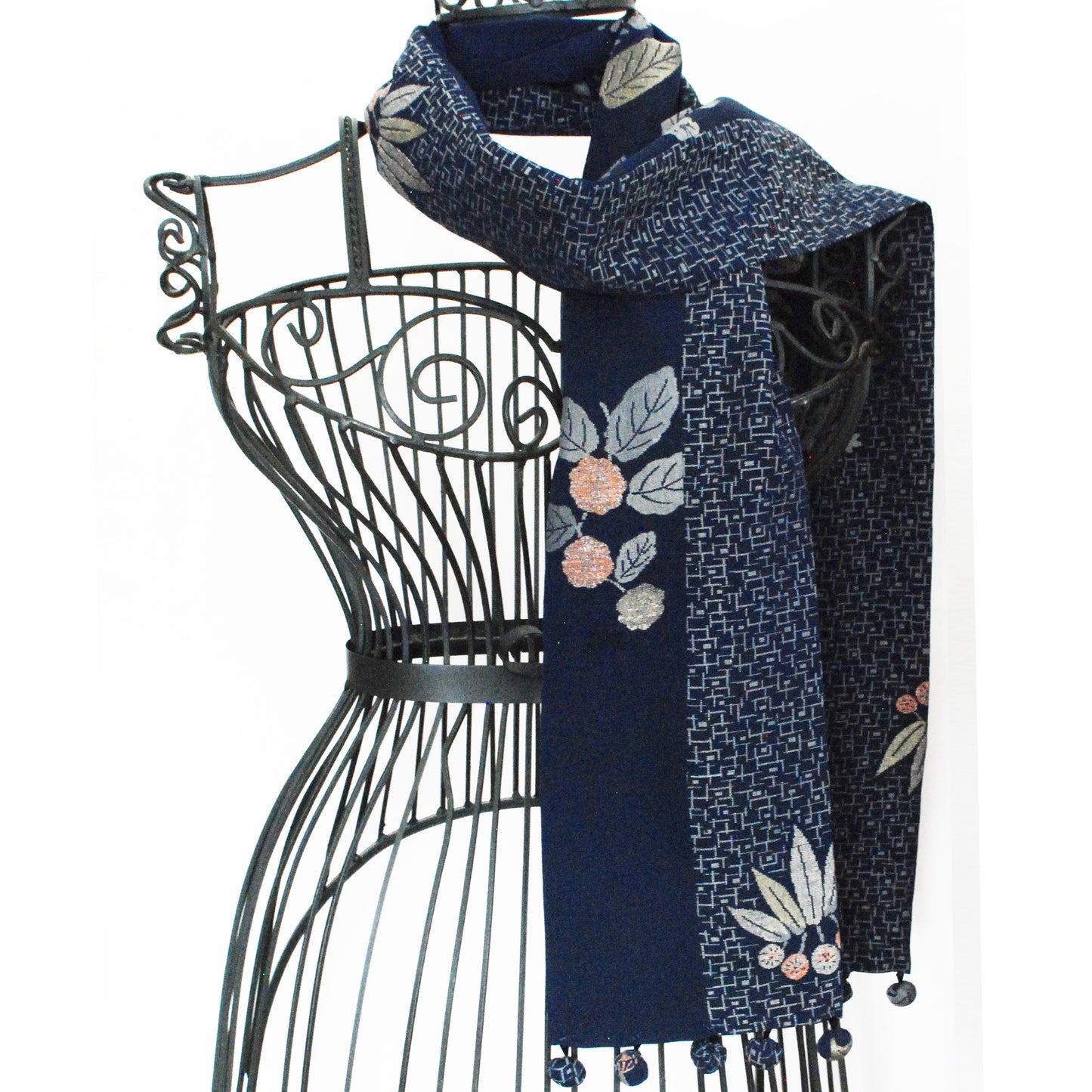 Kimono Silk Scarf - Embroidery on Navy