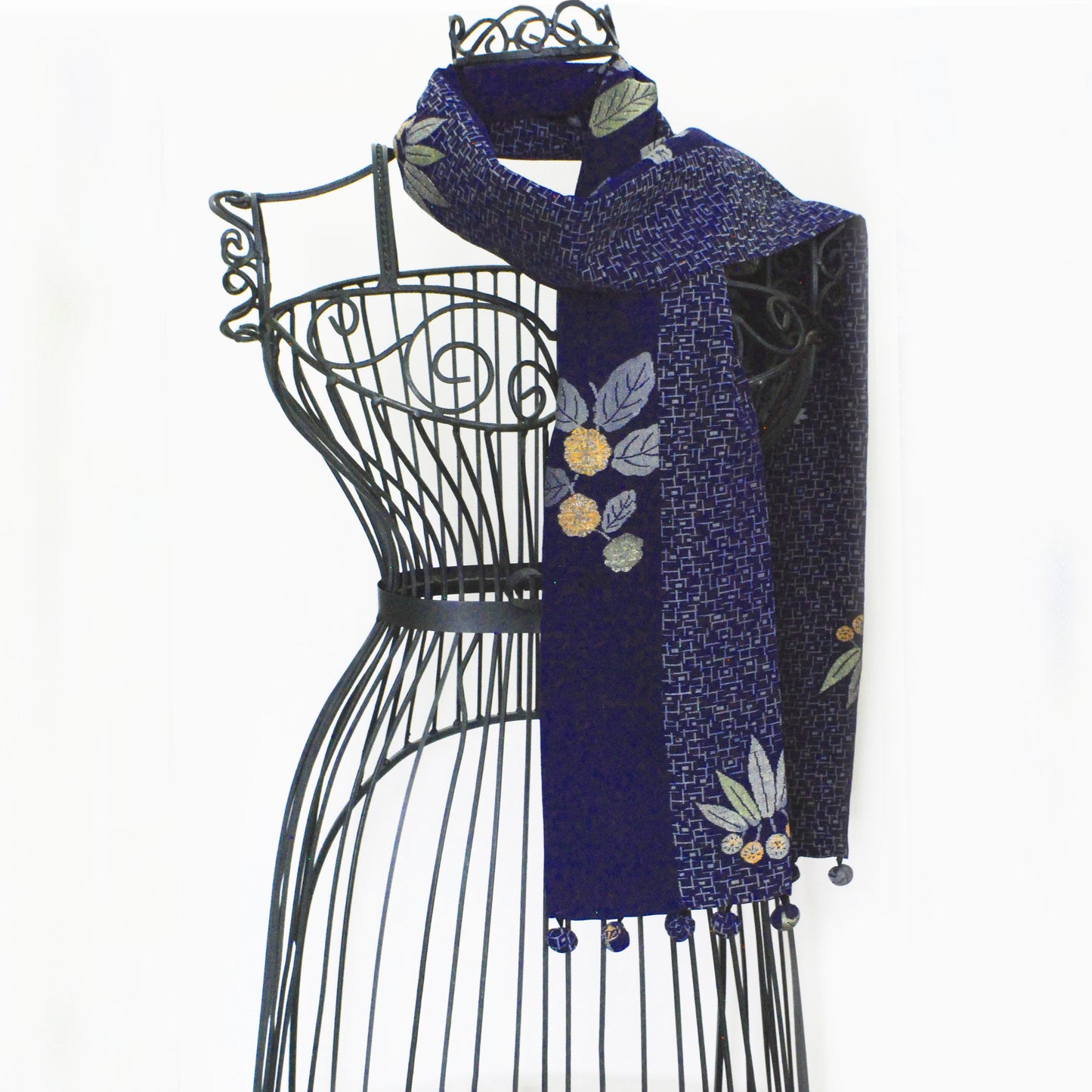 Kimono Silk Scarf - Embroidery Navy