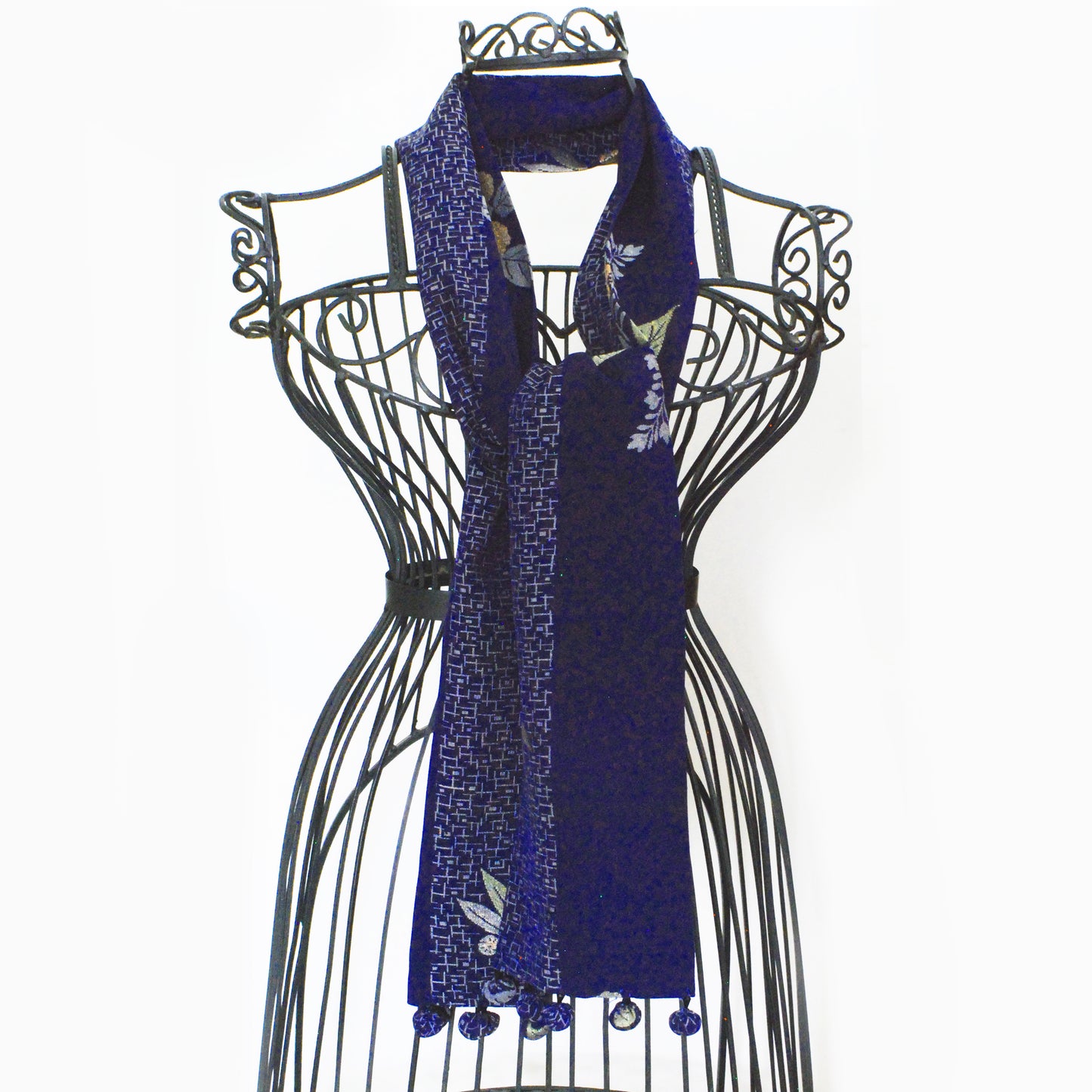 Kimono Silk Scarf - Embroidery Navy