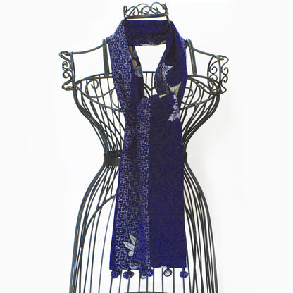 Kimono Silk Scarf - Embroidery Navy