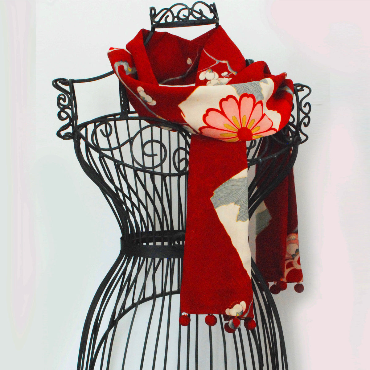 Kimono Silk Scarf - Plum Blossom Red