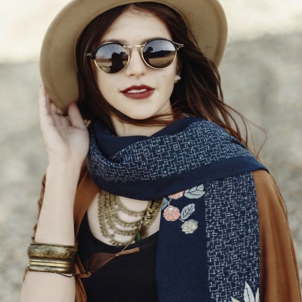 Kimono Silk Scarf - Embroidery on Navy