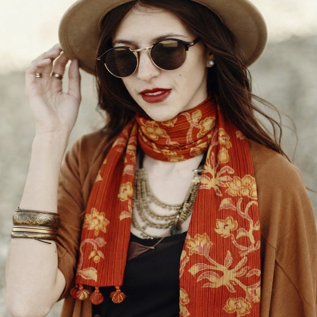 Kimono Silk Scarf - Flowers in Orange