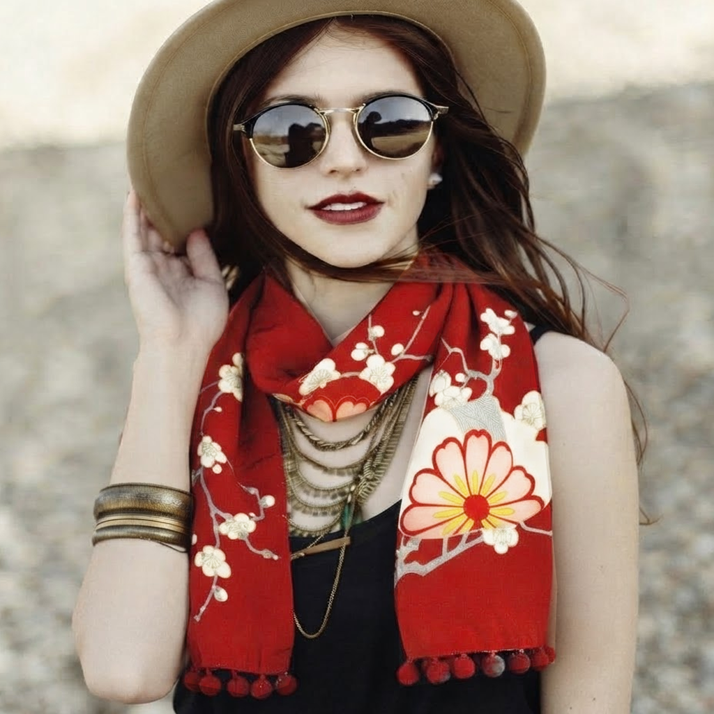 Kimono Silk Scarf - Plum Blossom Red