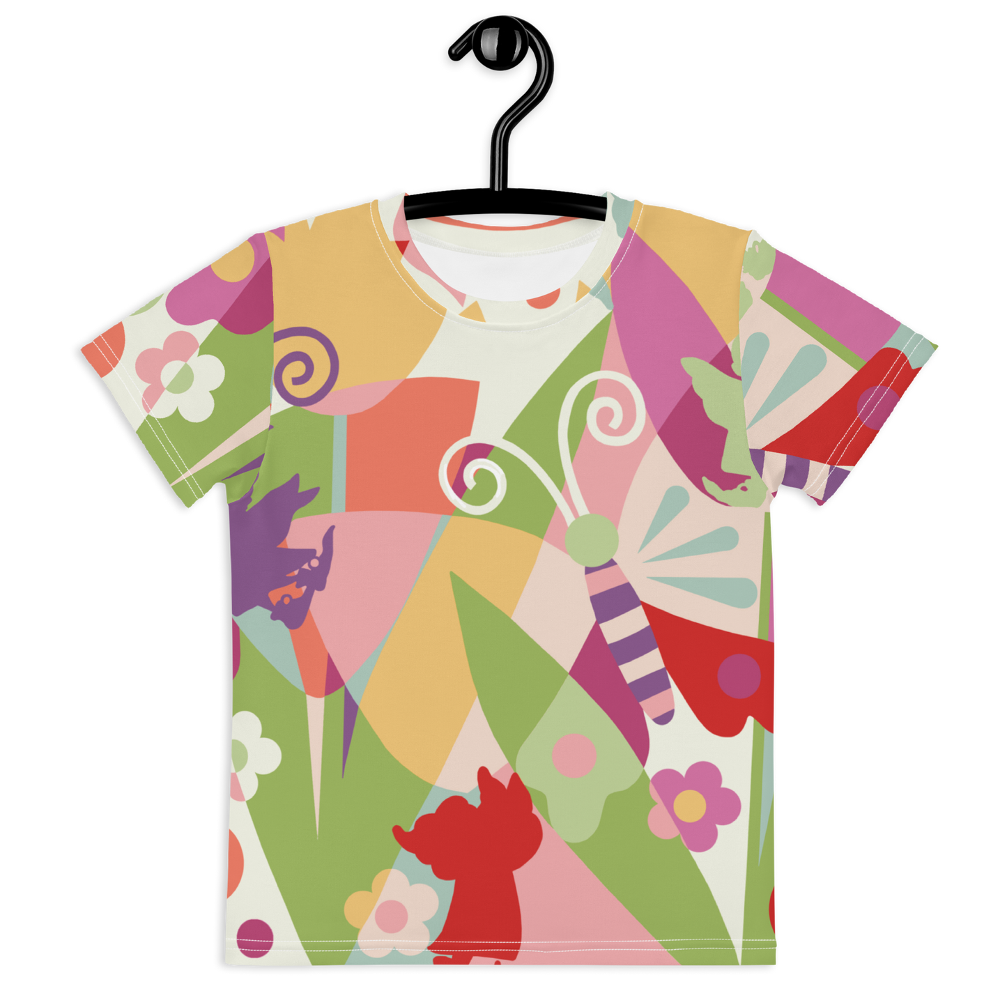Butterfly with Flowers / Kids crew neck T-shirt / Pink