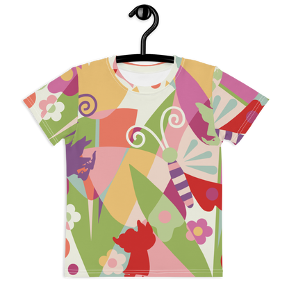 Butterfly with Flowers / Kids crew neck T-shirt / Pink