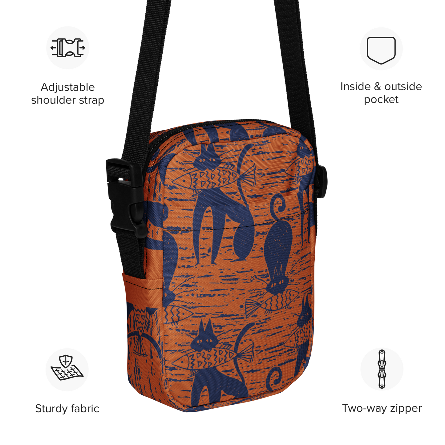 Cat eat Fish Orange Utility crossbody bag